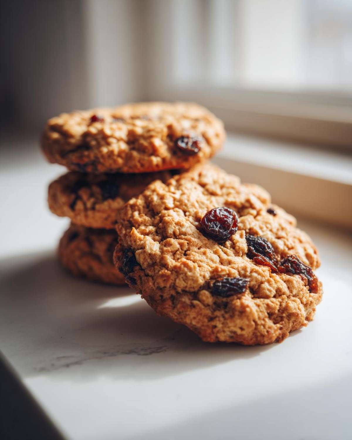 A close-up stack of three chewy Gluten-Free Oatmeal Raisin Cookies featuring visible oats and plump raisins.