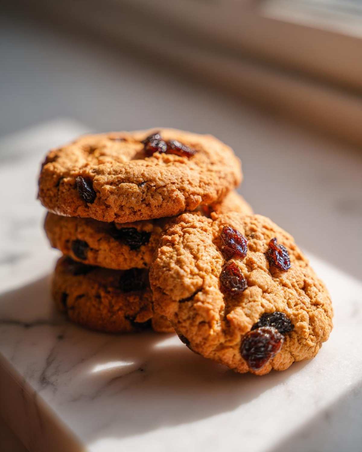 A close-up stack of three golden brown Gluten-Free Oatmeal Raisin Cookies, with one leaning against the stack, sitting on white marble.