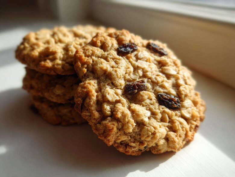 A stack of freshly baked Gluten-Free Oatmeal Raisin Cookies, with one cookie prominently featured in the foreground.