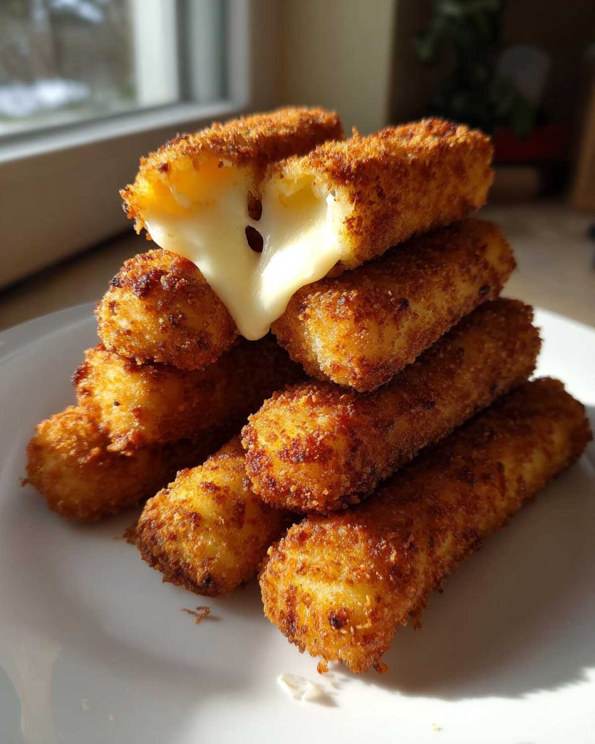 A stack of crispy, golden Air Fryer Mozzarella Sticks with one broken open showing melted cheese stretching out.
