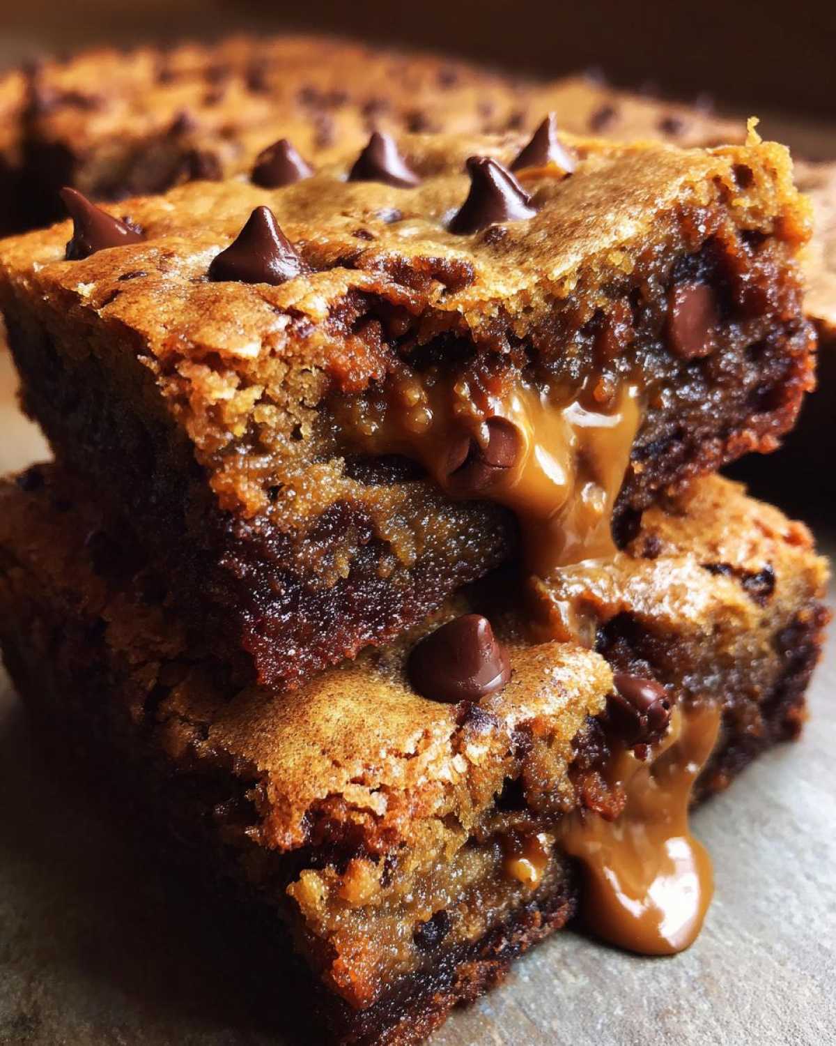 Close-up of two stacked Chewy Chocolate Chip Cookie Bars with melted caramel oozing out.