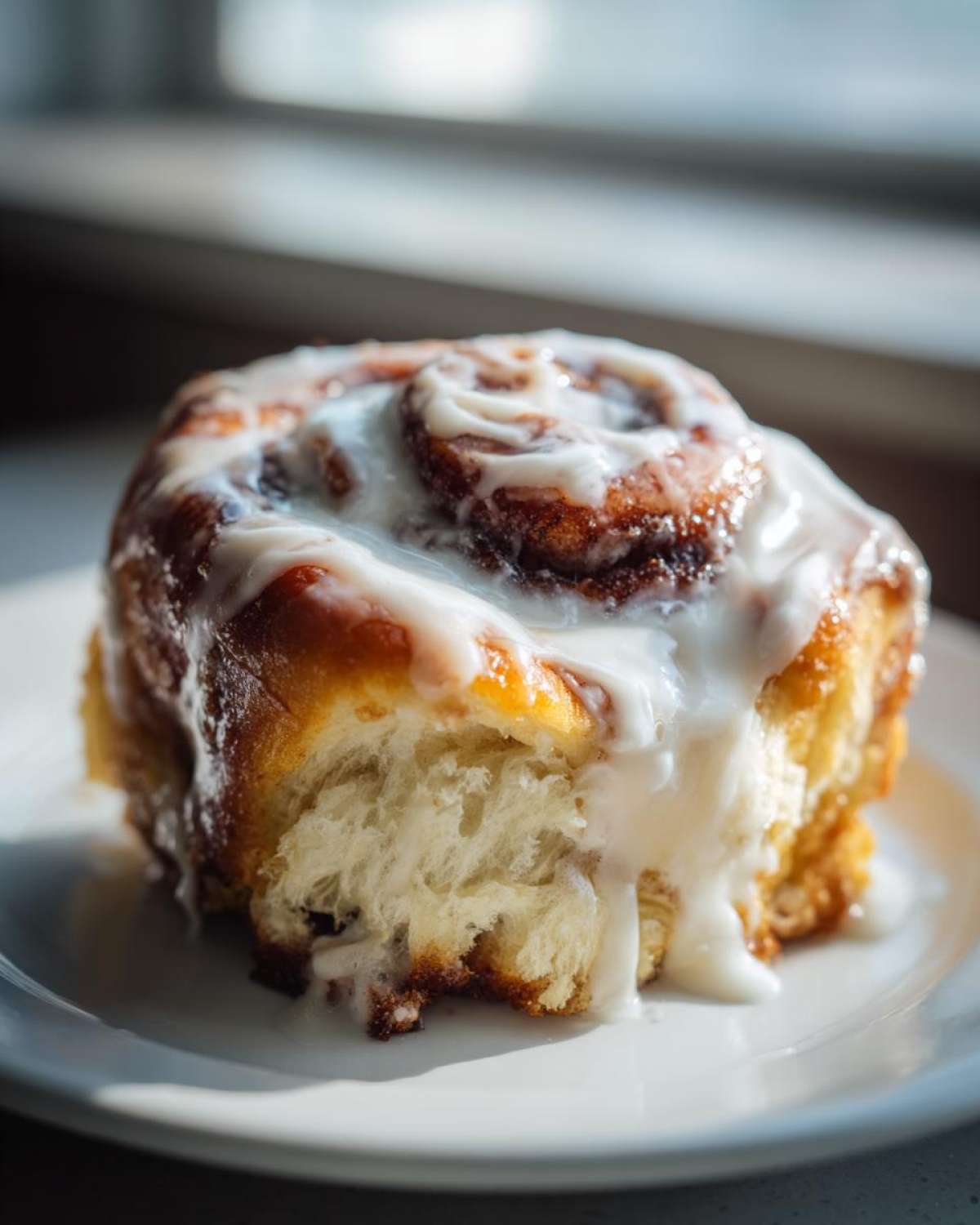 A soft, fluffy Gluten-Free Cinnamon Roll generously topped with white icing, sitting on a white plate.