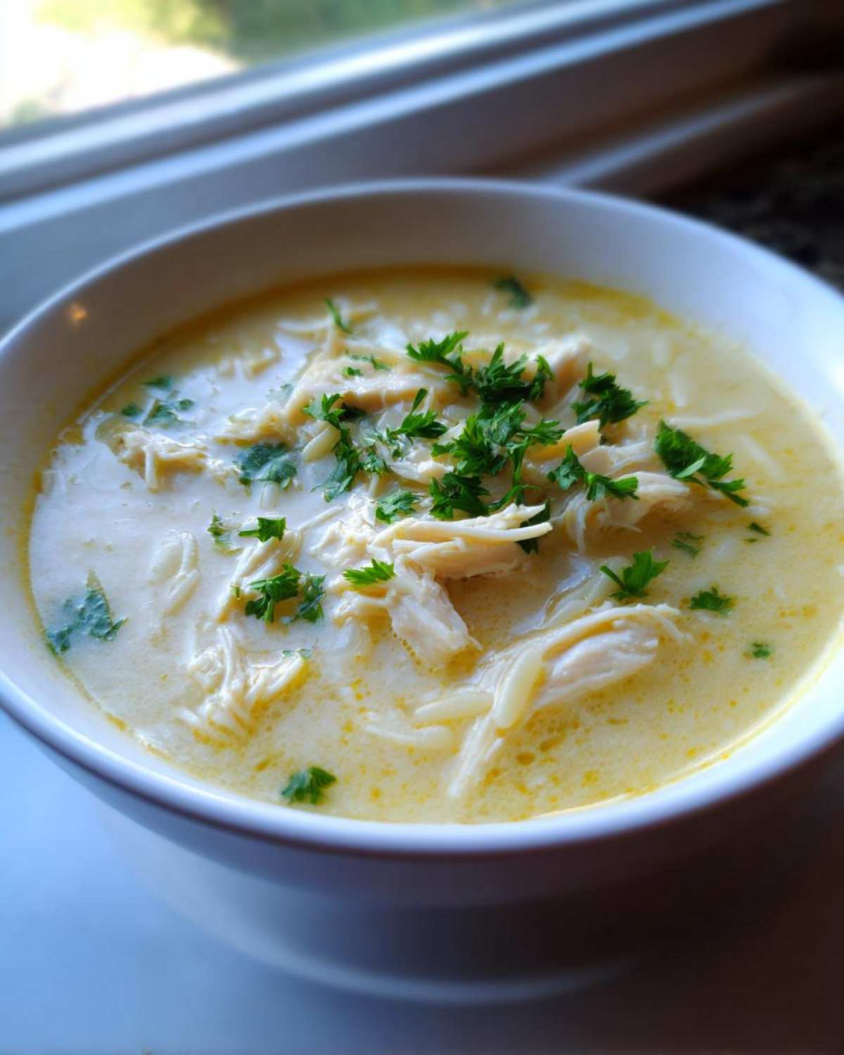 A close-up of a bowl of creamy Greek Lemon Chicken Soup, featuring shredded chicken and pasta, topped with fresh parsley.