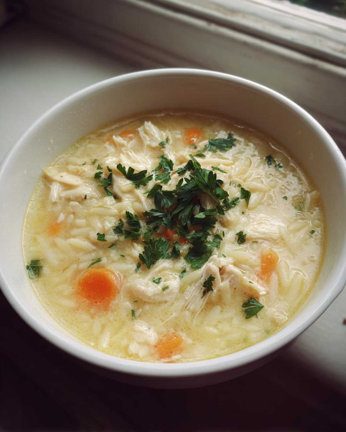 A close-up of a white bowl filled with creamy Greek Lemon Chicken Soup, featuring shredded chicken, orzo pasta, carrots, and fresh parsley.