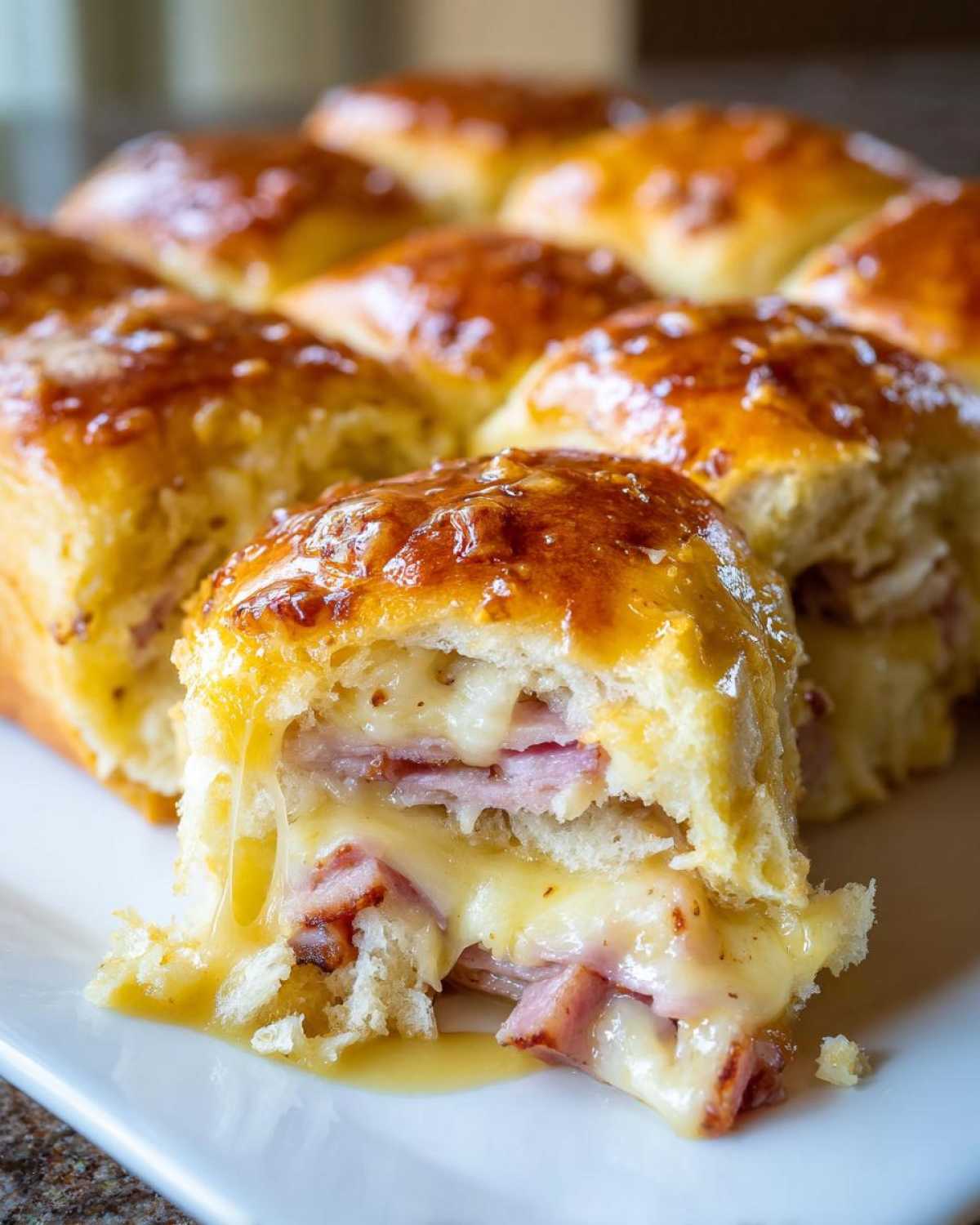 A close-up of Hawaiian Roll Ham and Cheese Sliders showing melted cheese pull and honey mustard glaze.