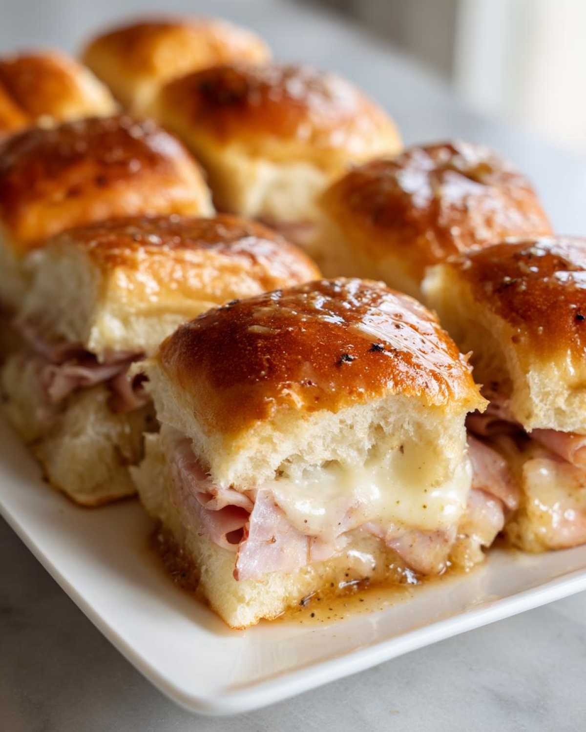 Close-up of freshly baked Hawaiian Roll Ham and Cheese Sliders with melted Swiss cheese and a shiny honey mustard glaze.