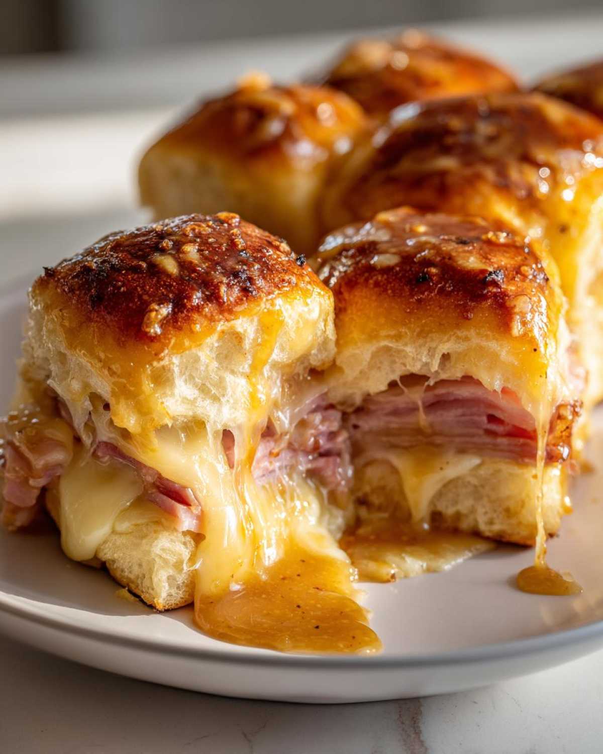 Close-up of Hawaiian Roll Ham and Cheese Sliders with melted cheese and honey mustard glaze dripping.