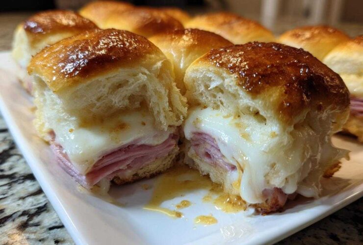 Close-up of Hawaiian Roll Ham and Cheese Sliders cut in half showing melted cheese and ham.