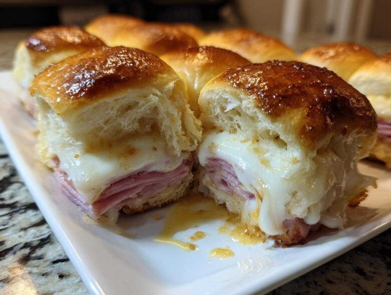 Close-up of Hawaiian Roll Ham and Cheese Sliders cut in half showing melted cheese and ham.