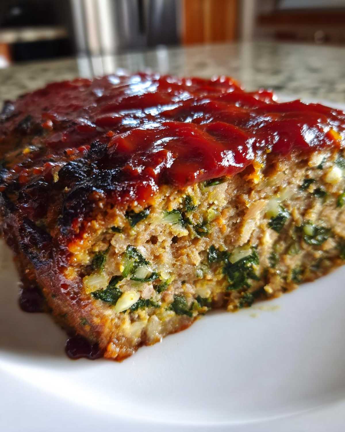 Close-up of a thick slice of Healthy Turkey Spinach Meatloaf topped with a rich, glossy red glaze.