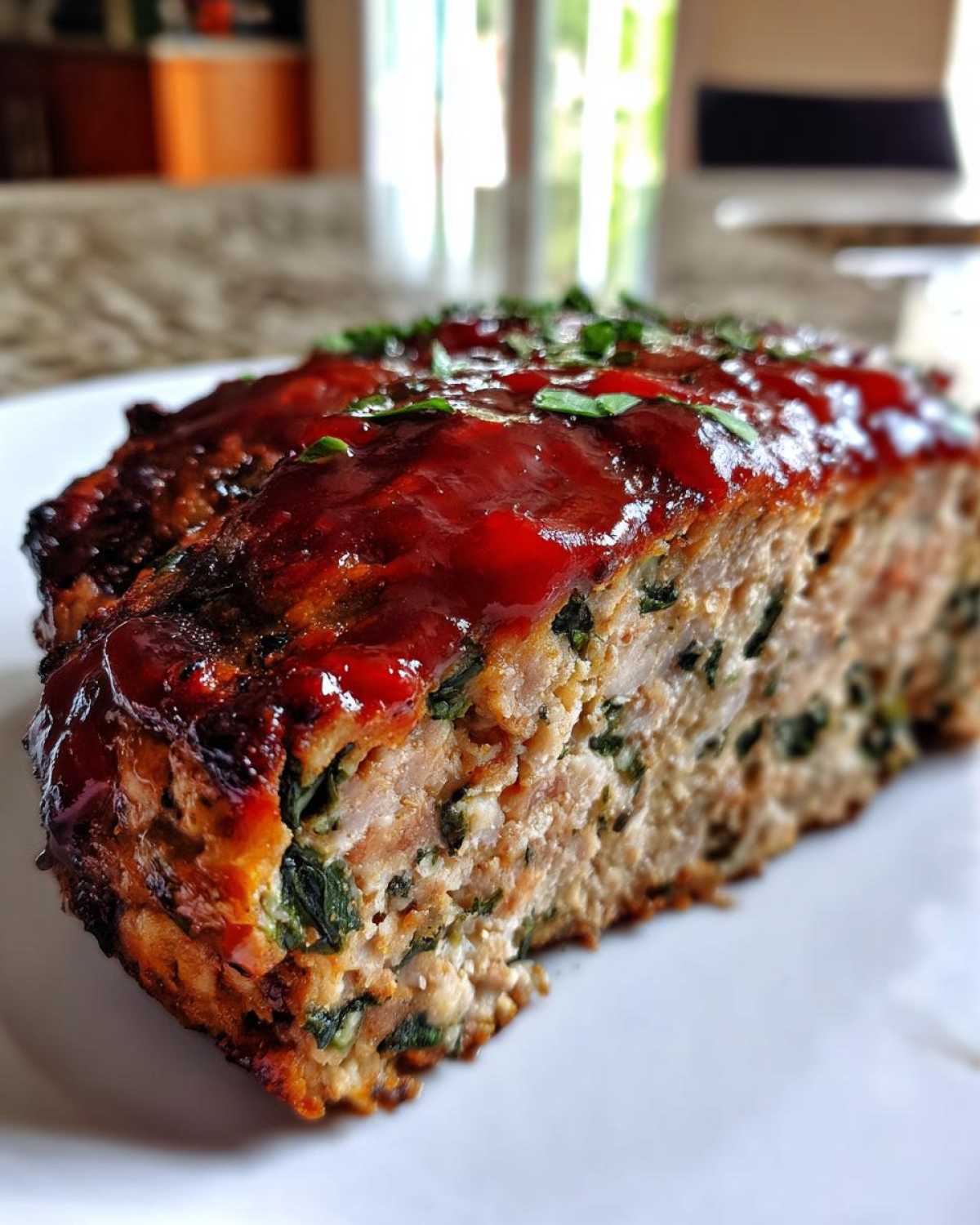 Close-up of a slice of Healthy Turkey Spinach Meatloaf topped with a shiny red glaze and fresh herbs.