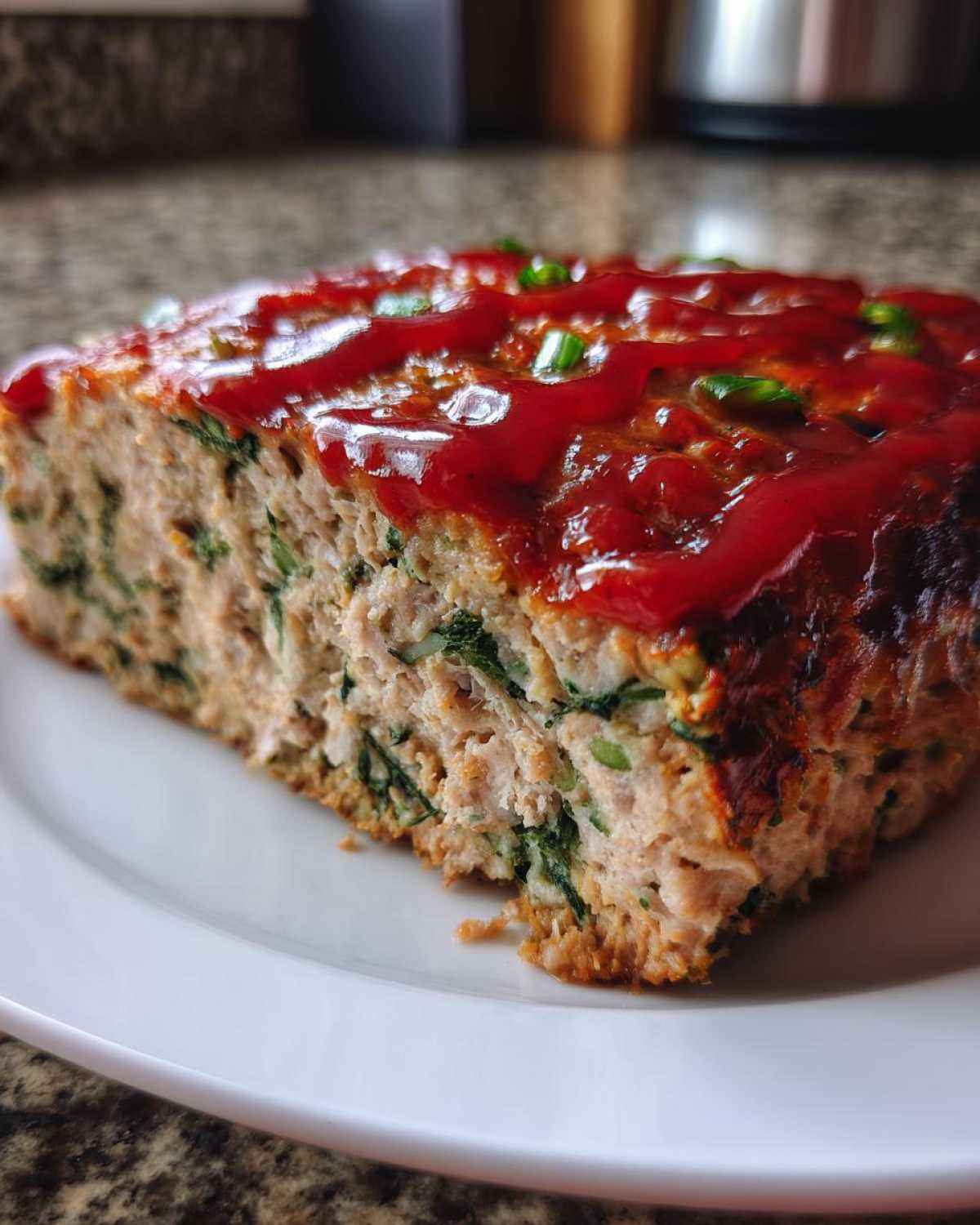 Close-up of a slice of Healthy Turkey Spinach Meatloaf topped with ketchup glaze and green onions.