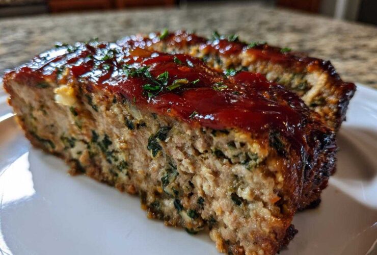 Close-up of a thick slice of Healthy Turkey Spinach Meatloaf topped with a shiny red glaze and fresh parsley.