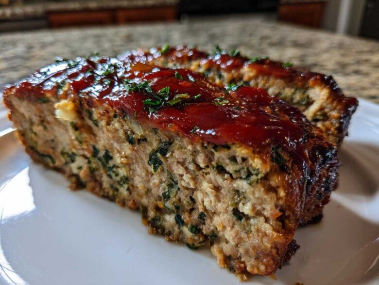 Close-up of a thick slice of Healthy Turkey Spinach Meatloaf topped with a shiny red glaze and fresh parsley.