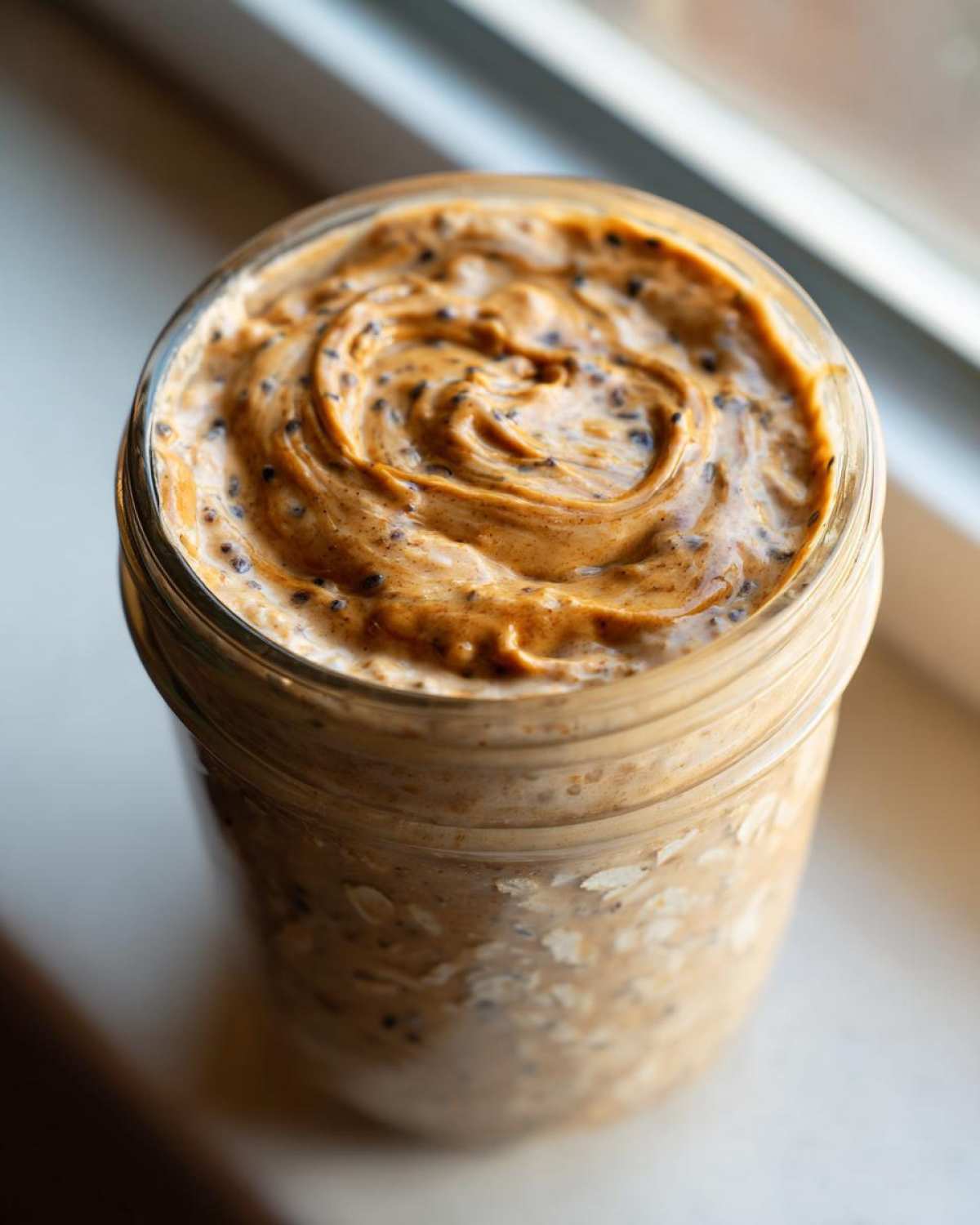 Close-up of High-Protein Peanut Butter Overnight Oats topped with a swirl of peanut butter and chia seeds.
