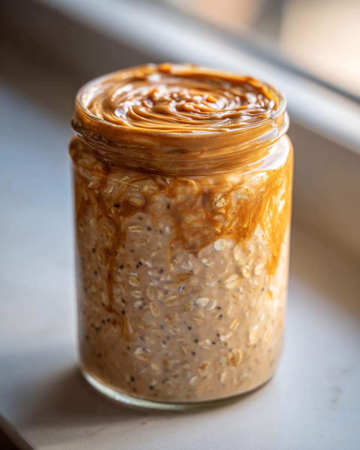 Close-up of High-Protein Peanut Butter Overnight Oats in a glass jar, topped with swirled peanut butter.