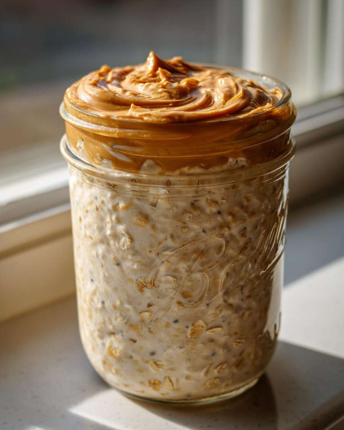 A glass jar filled with creamy High-Protein Peanut Butter Overnight Oats, topped with a swirl of smooth peanut butter.