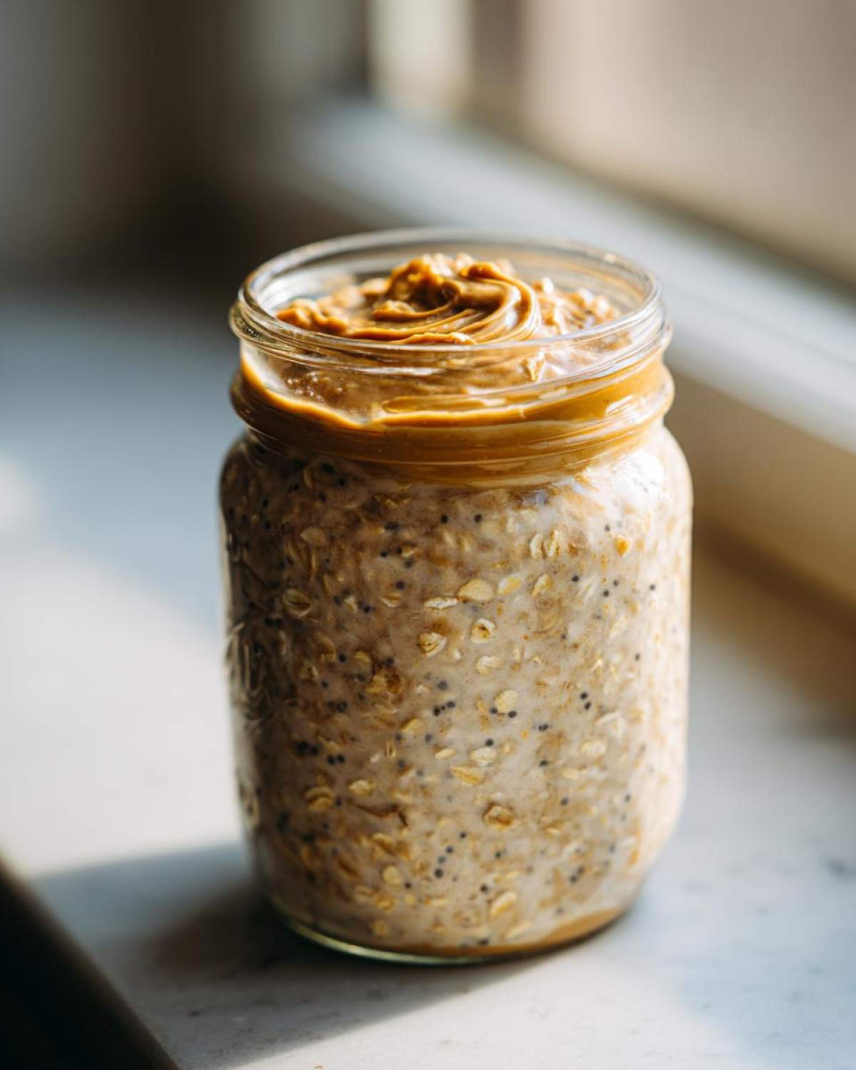 A glass jar filled with High-Protein Peanut Butter Overnight Oats, topped with a swirl of peanut butter.