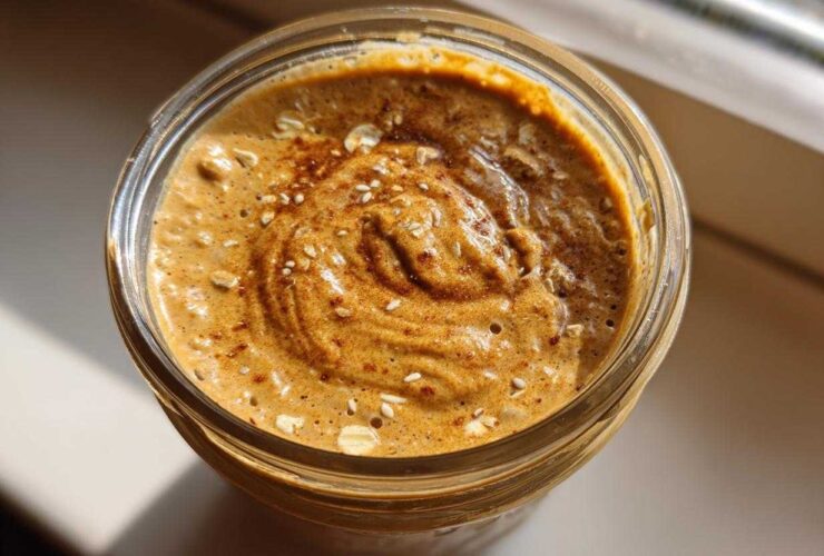 Overhead view of thick High-Protein Peanut Butter Overnight Oats topped with oats and cinnamon in a glass jar.
