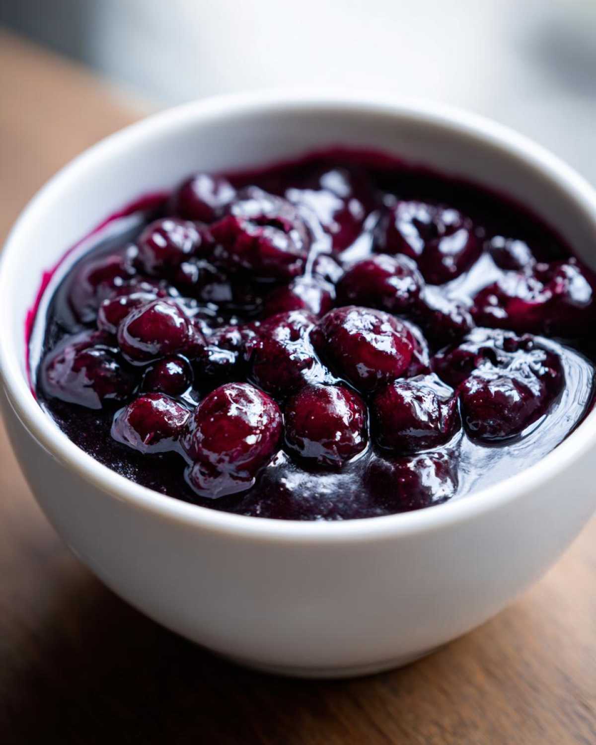 A close-up shot of thick, rich Homemade Blueberry Syrup with whole blueberries in a small white bowl.