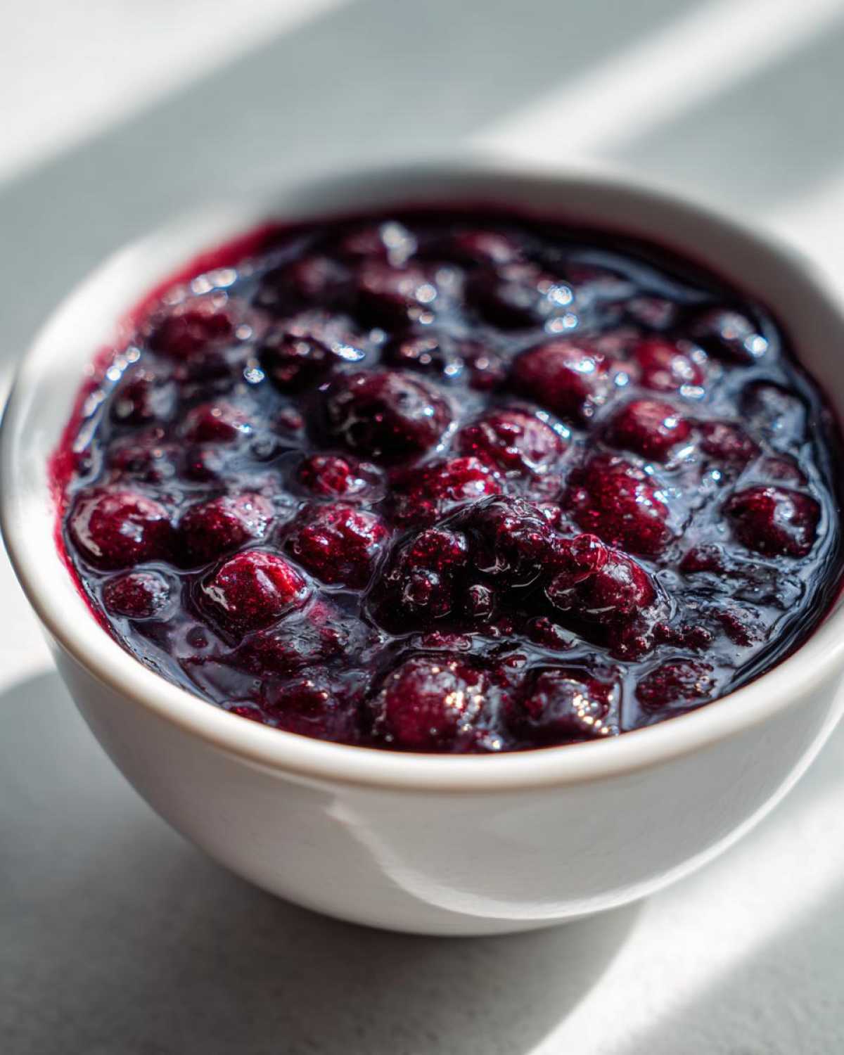 A close-up shot of thick, rich Homemade Blueberry Syrup with whole berries in a small white bowl.