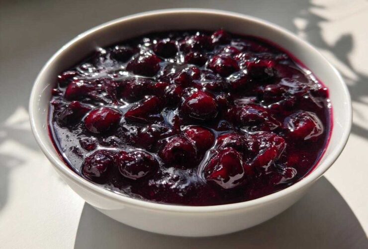 Close-up of thick, rich Homemade Blueberry Syrup with whole berries in a white bowl.