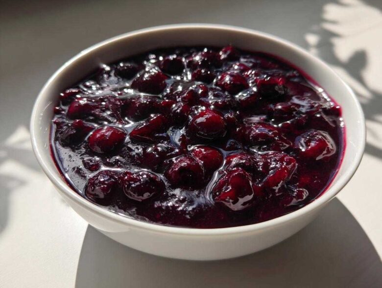 Close-up of thick, rich Homemade Blueberry Syrup with whole berries in a white bowl.