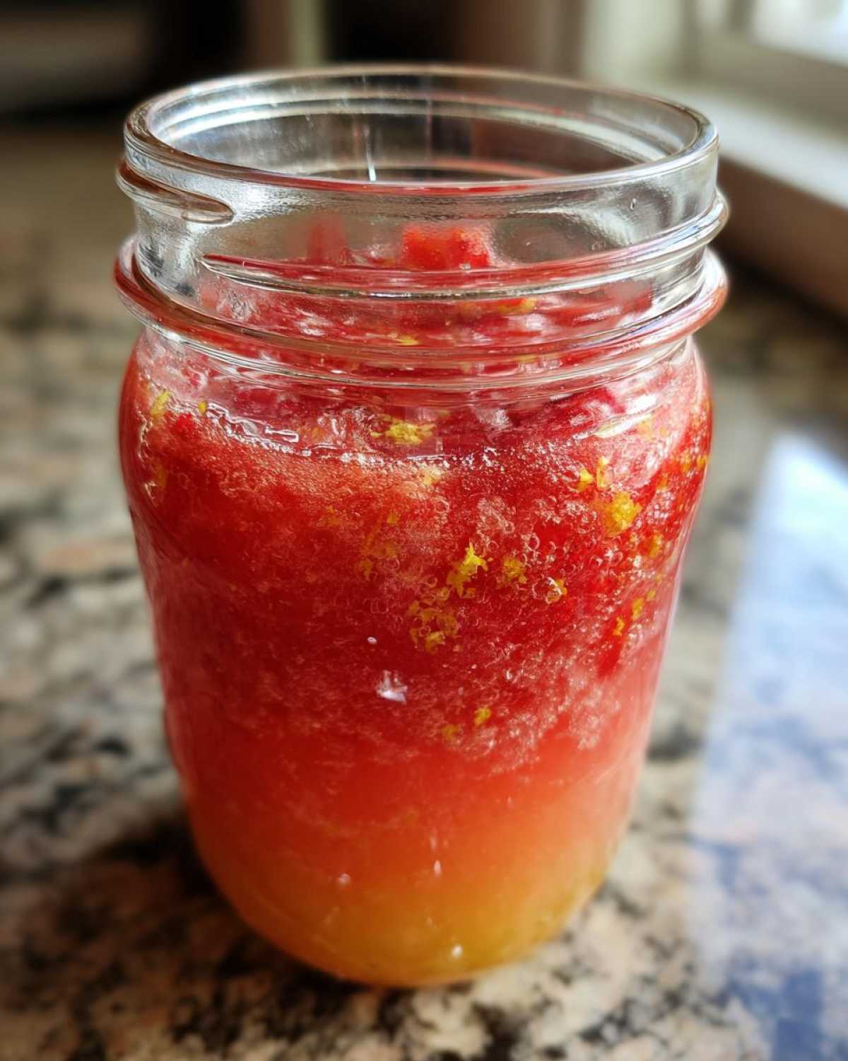 Close-up of Homemade Strawberry Lemonade Concentrate in a mason jar, showing layered red fruit pulp and yellow zest.