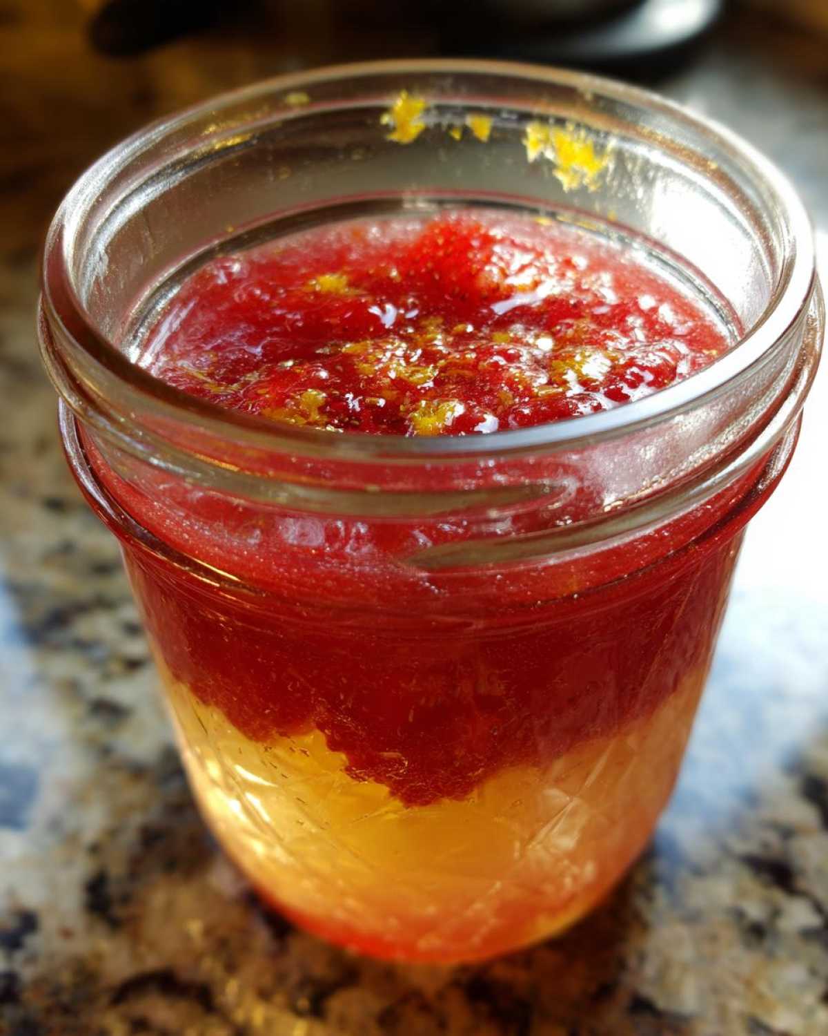 Close-up of Homemade Strawberry Lemonade Concentrate showing separated layers of red strawberry mixture and yellow lemon base.