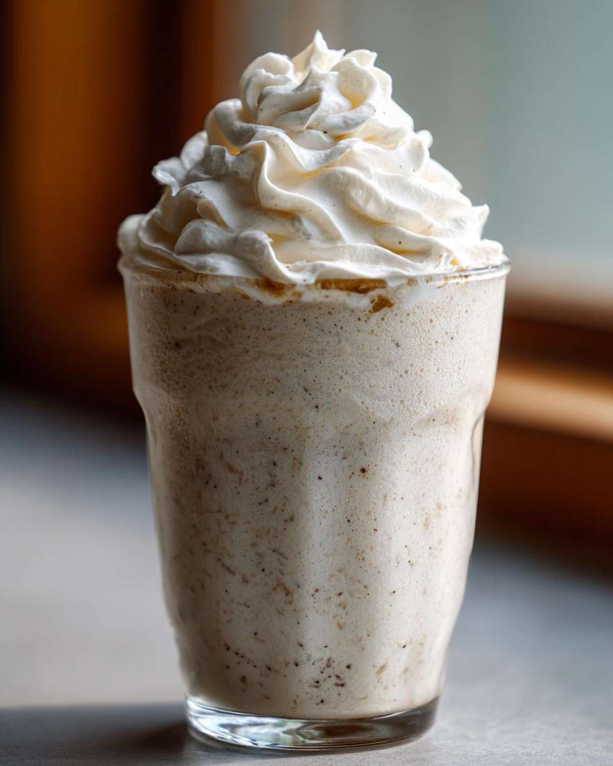 A tall glass of Homemade Vanilla Bean Frappuccino topped high with whipped cream, showing vanilla bean specks.