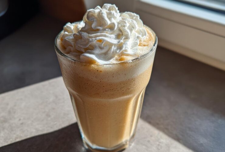 A tall glass filled with a creamy Homemade Vanilla Bean Frappuccino, topped high with whipped cream.