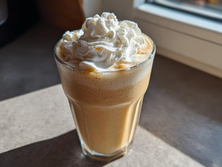 A tall glass filled with a creamy Homemade Vanilla Bean Frappuccino, topped high with whipped cream.