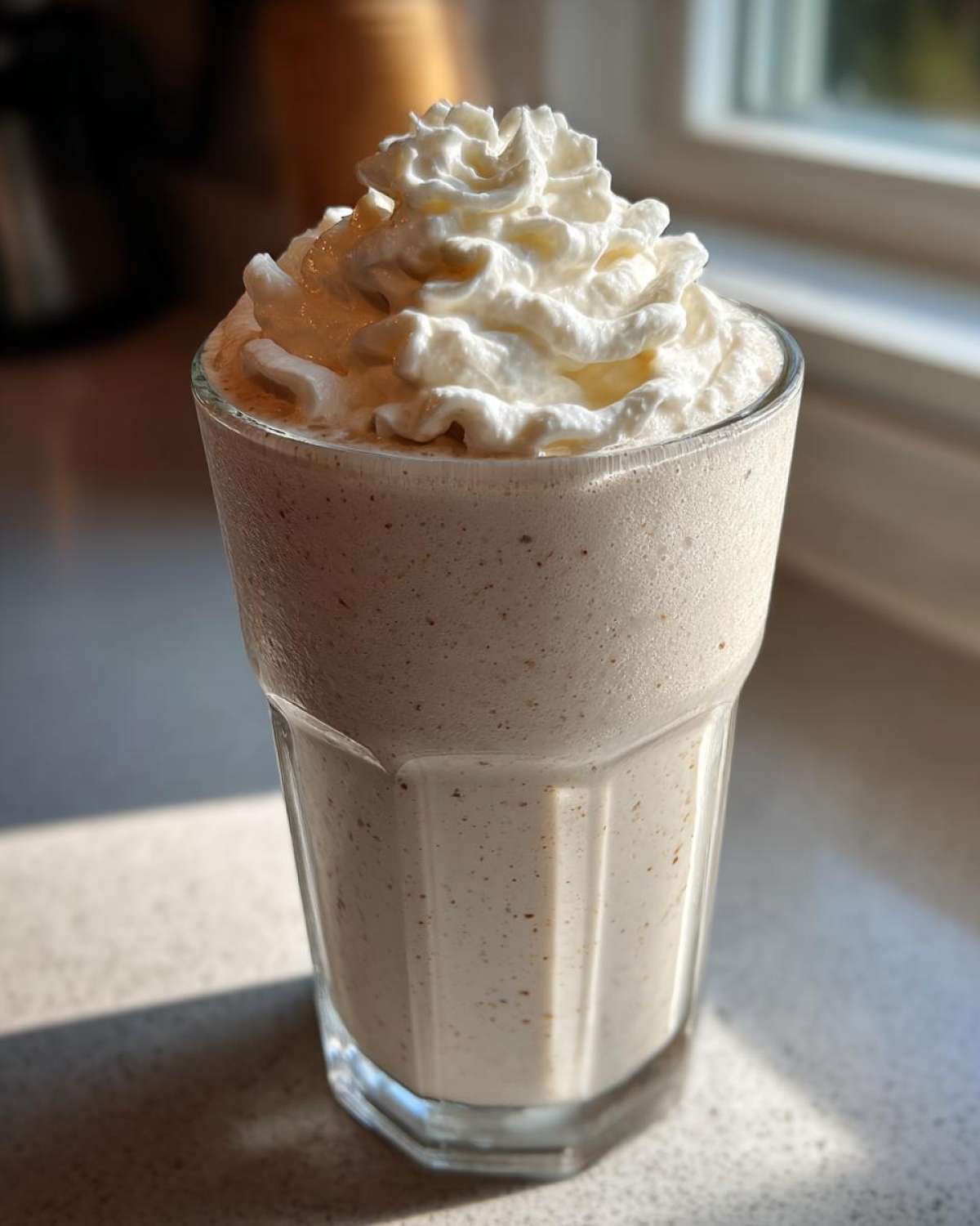 A tall glass filled with a creamy Homemade Vanilla Bean Frappuccino topped high with whipped cream.