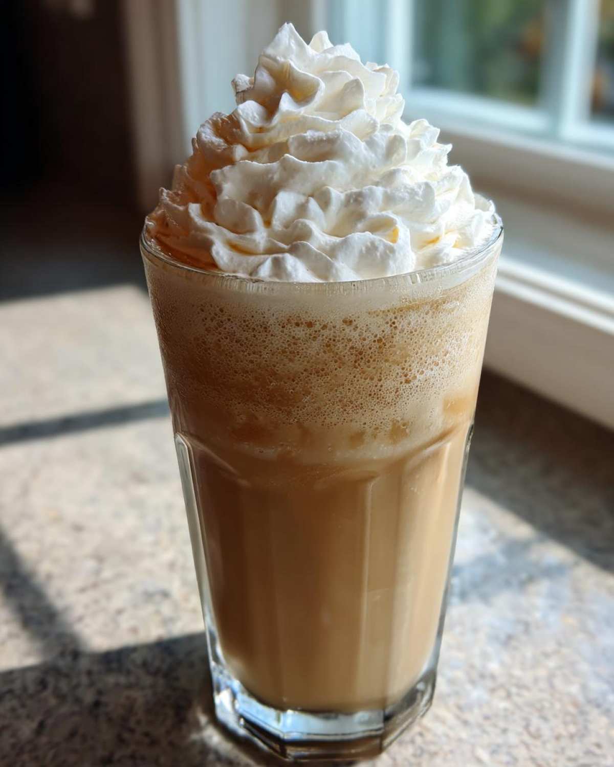 A tall glass of Homemade Vanilla Bean Frappuccino topped generously with whipped cream, sitting near a window.