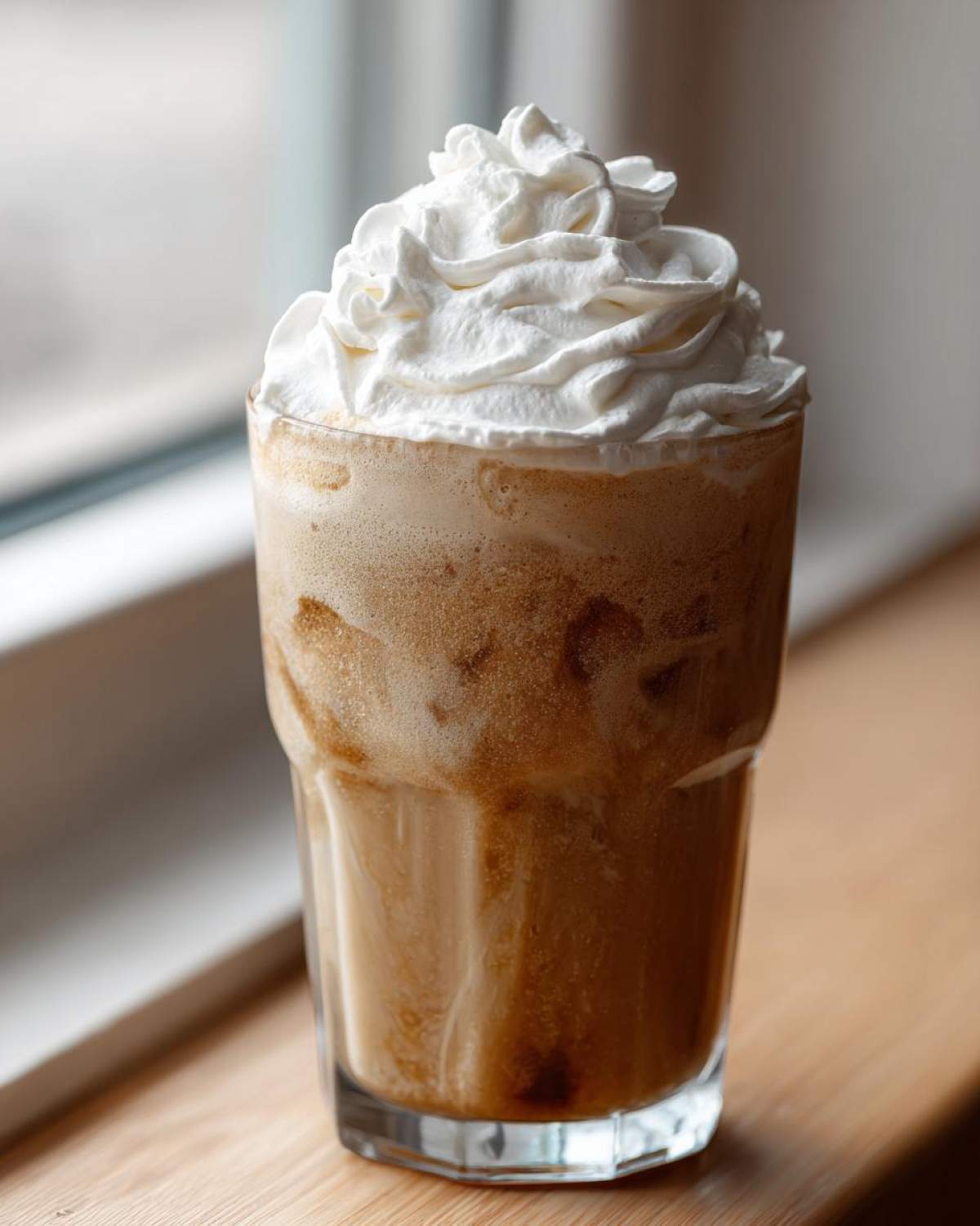 A tall glass of Homemade Vanilla Bean Frappuccino topped generously with whipped cream, sitting on a wooden surface.