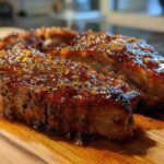 Two thick slices of Honey Glazed Ham Steak in the Skillet, covered in a shiny, thick, orange-flecked glaze, resting on a wooden cutting board.