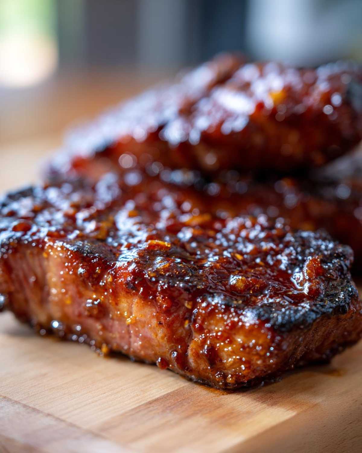 Close-up of a thick, caramelized Honey Glazed Ham Steak in the Skillet, glistening with sauce on a wooden board.