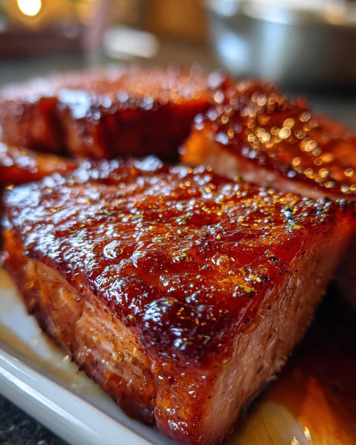 Close-up of thick, juicy Honey Glazed Ham Steak in the Skillet, covered in a shiny, caramelized honey glaze.