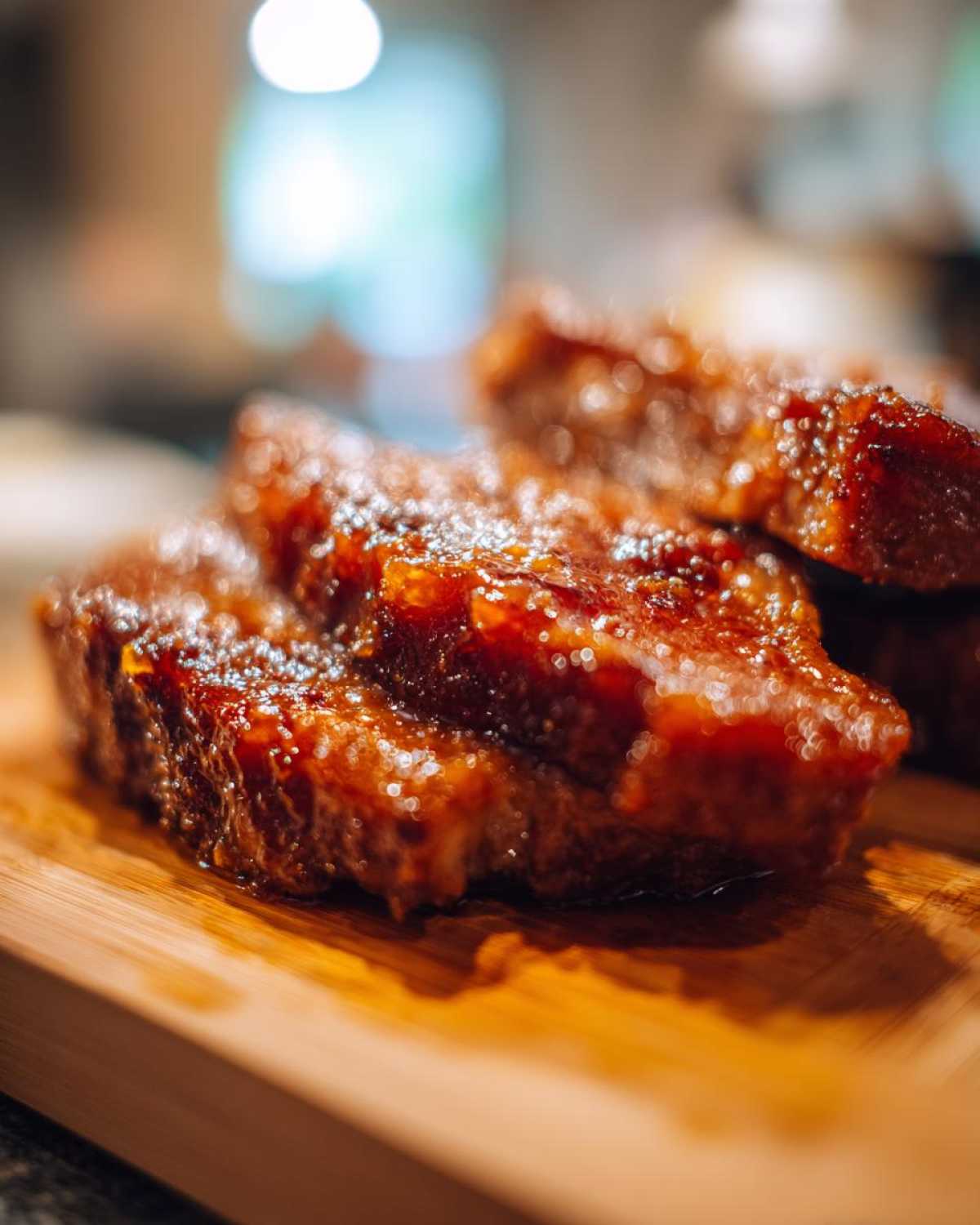 Close-up of glistening, thick slices of Honey Glazed Ham Steak resting on a wooden board.
