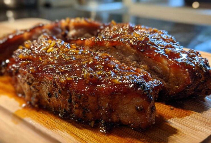 Two thick slices of Honey Glazed Ham Steak in the Skillet, covered in a shiny, thick, orange-flecked glaze, resting on a wooden cutting board.