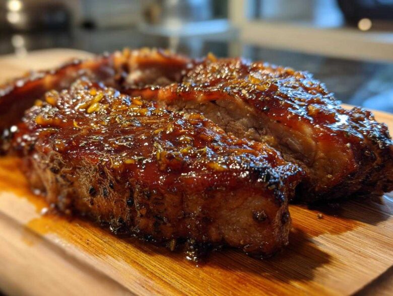 Two thick slices of Honey Glazed Ham Steak in the Skillet, covered in a shiny, thick, orange-flecked glaze, resting on a wooden cutting board.