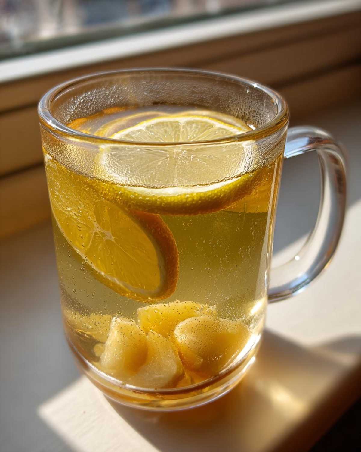 Close-up of steaming Honey Lemon Ginger Tea with lemon slices and ginger chunks in a clear glass mug.