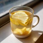 Close-up of a clear mug filled with warm Honey Lemon Ginger Tea, featuring floating lemon slices and condensation.