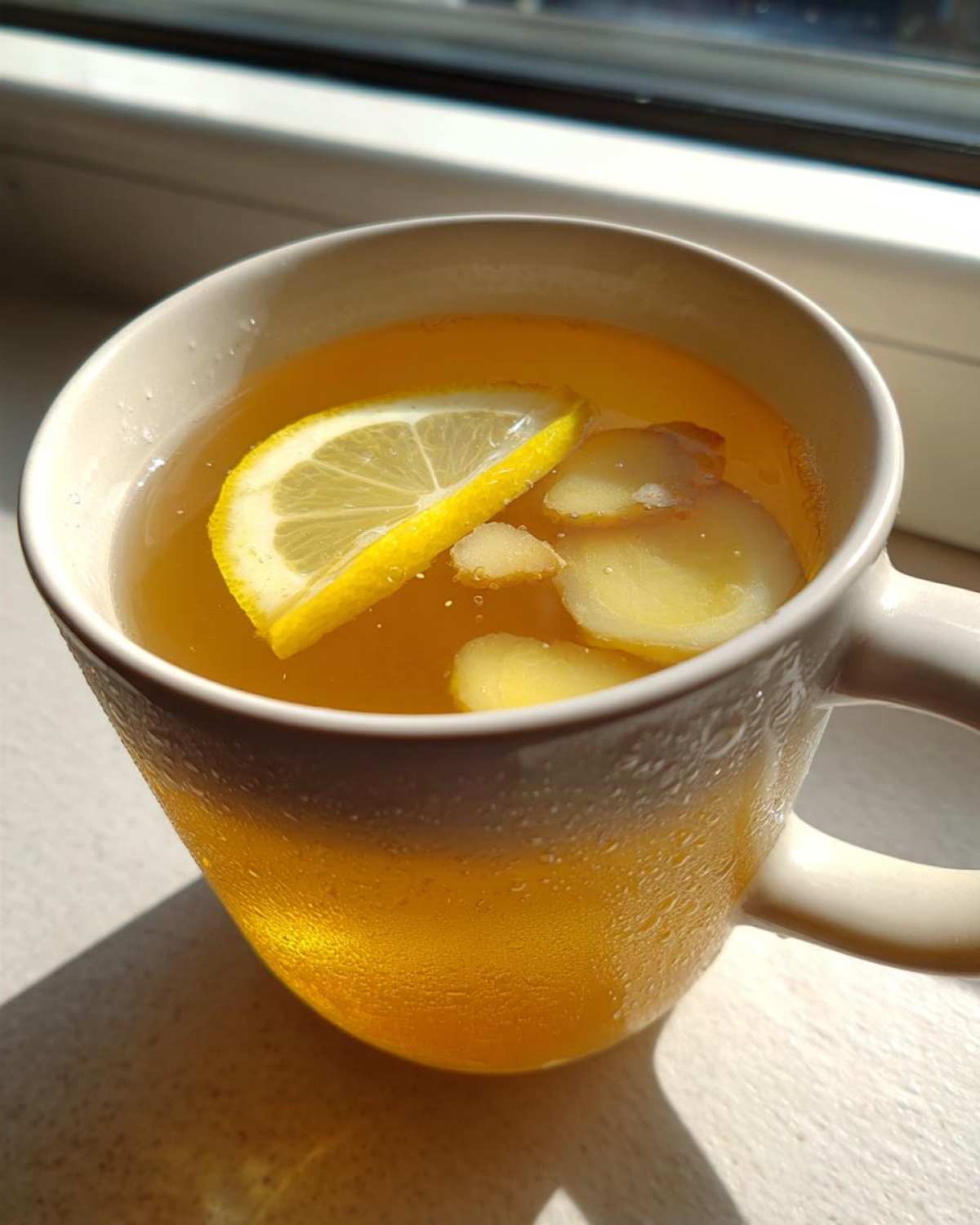 Close-up of warm Honey Lemon Ginger Tea with a lemon slice and ginger pieces floating in a white mug.