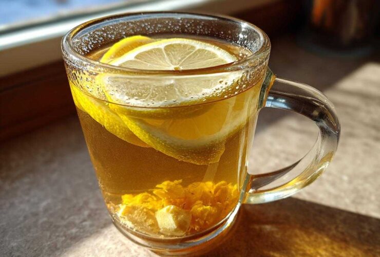 Close-up of a glass mug filled with warm Honey Lemon Ginger Tea, featuring lemon slices and ginger pieces.