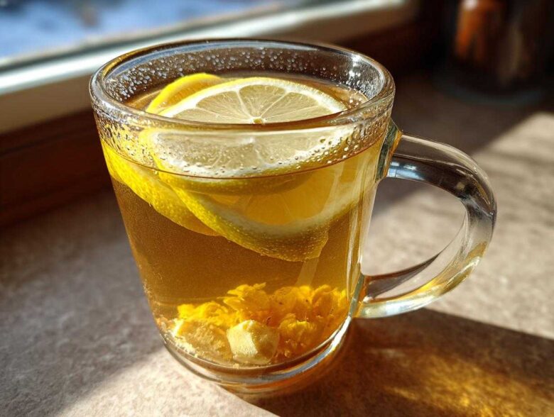 Close-up of a glass mug filled with warm Honey Lemon Ginger Tea, featuring lemon slices and ginger pieces.