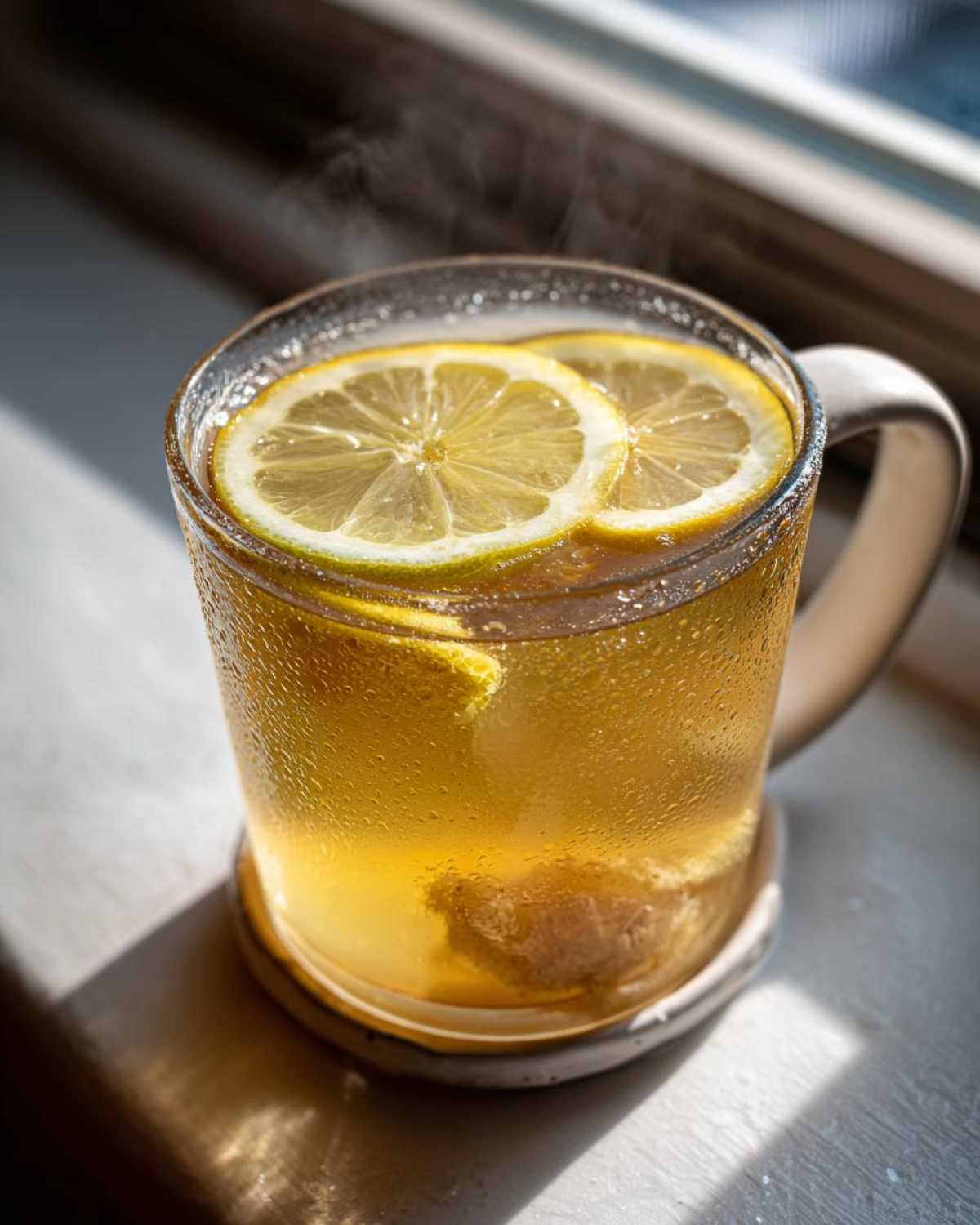 Close-up of hot Honey Lemon Ginger Tea in a glass mug, topped with two lemon slices and showing condensation.