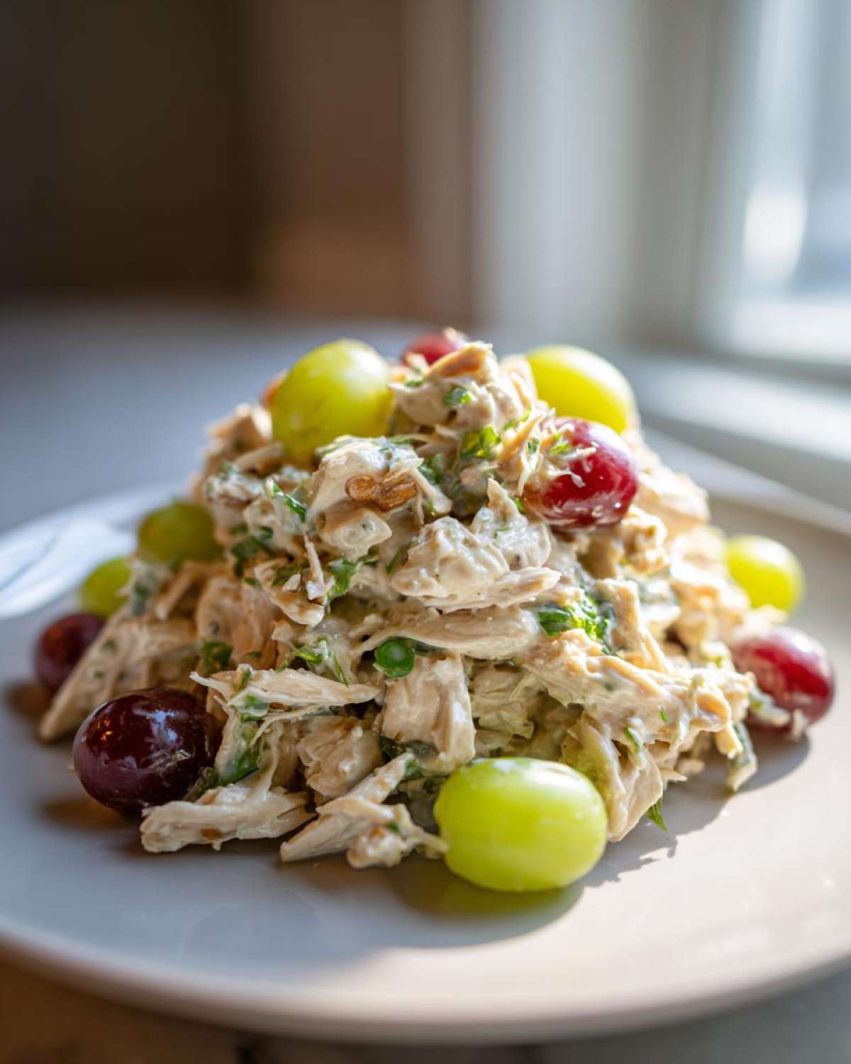 A mound of creamy Honey Mustard Chicken Salad with Grapes and pecans served on a light gray plate.