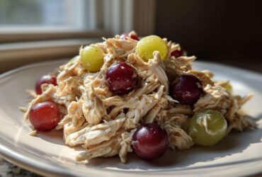 Close-up of shredded Honey Mustard Chicken Salad with Grapes on a light plate.