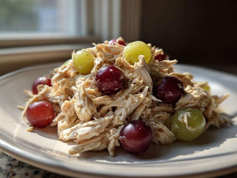 Close-up of shredded Honey Mustard Chicken Salad with Grapes on a light plate.